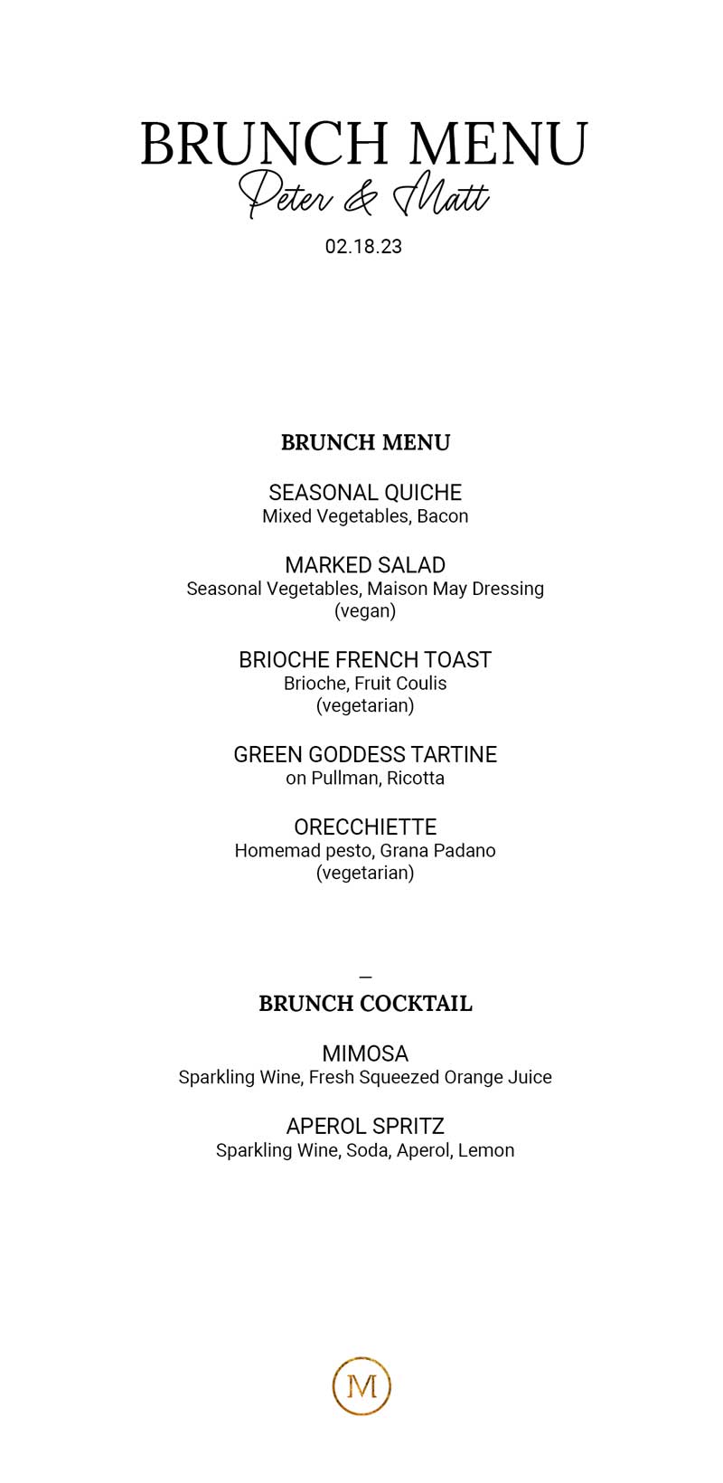 Maison Mays Brunch Event Sample menu caters to all needs.