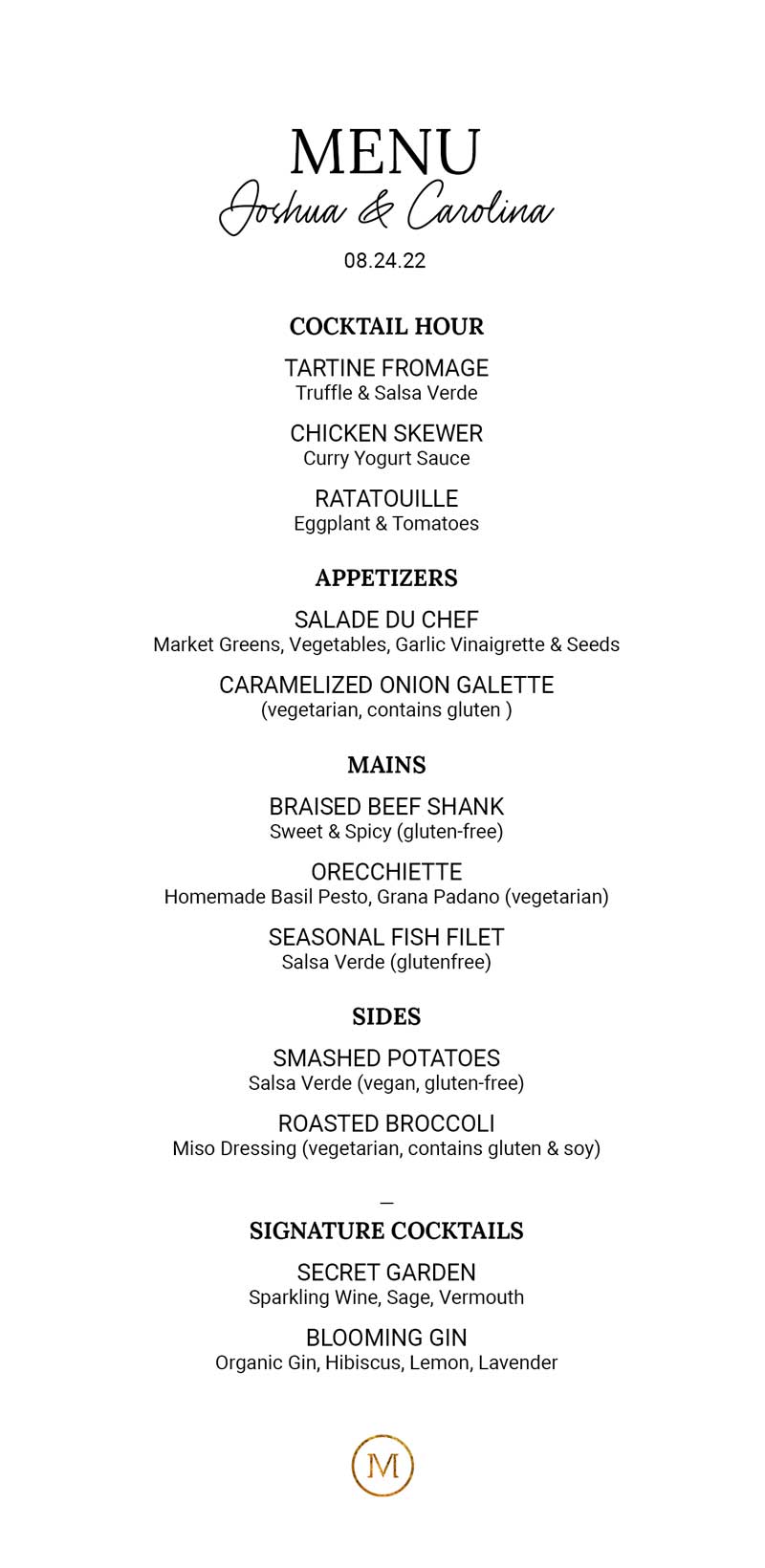 Sample Event menu for a dinner party at Maison May.